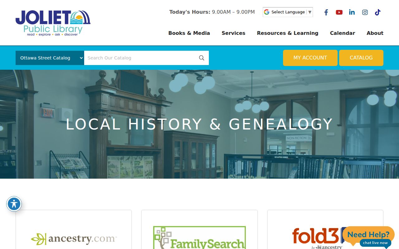Joliet Public Library directory and genealogy resource links