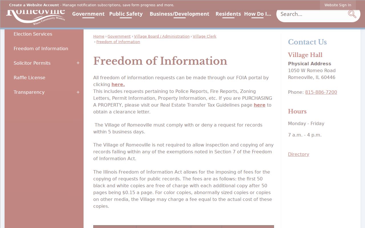 Romeoville residents directory Village FOIA access