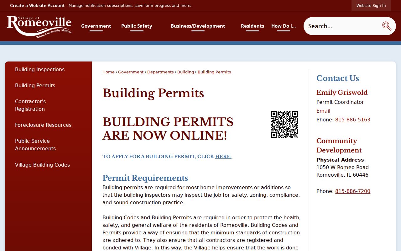 Romeoville building permit records route for address-linked block research