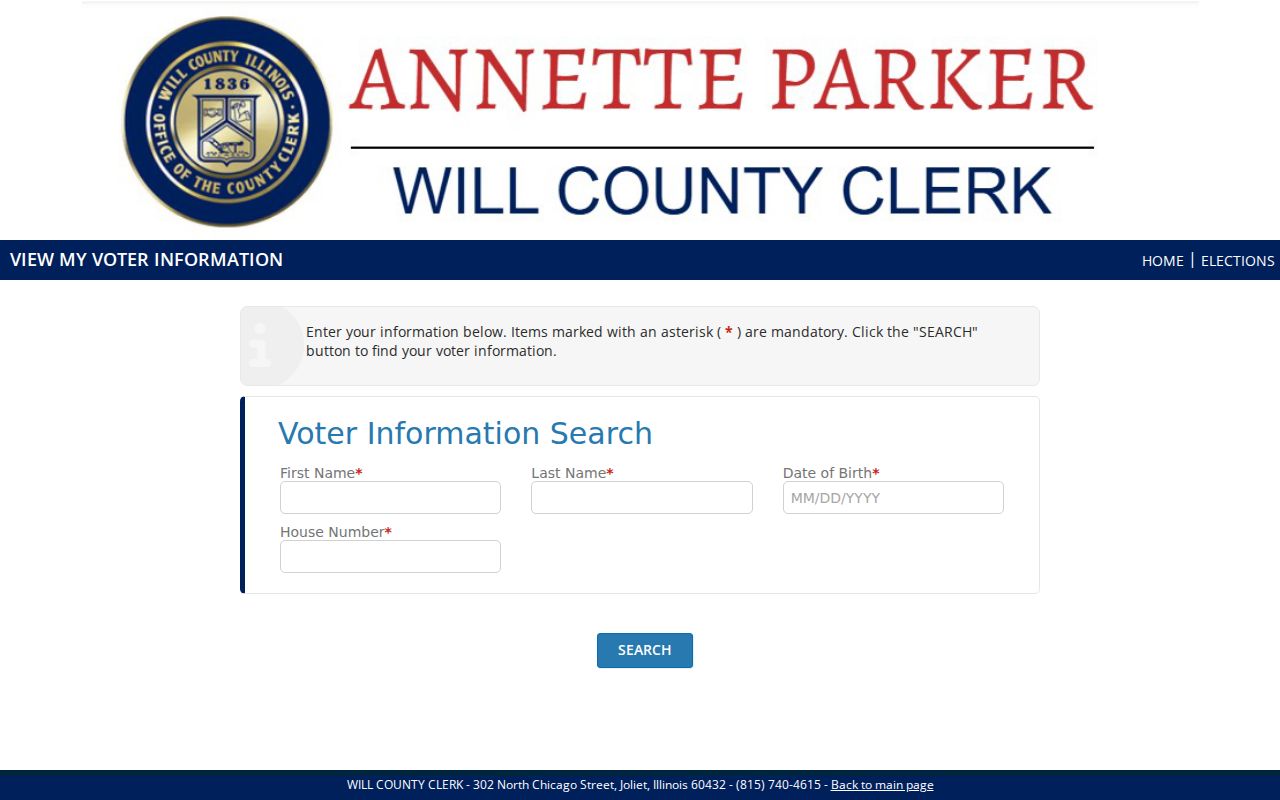Will County voter registration lookup fields for a Romeoville resident