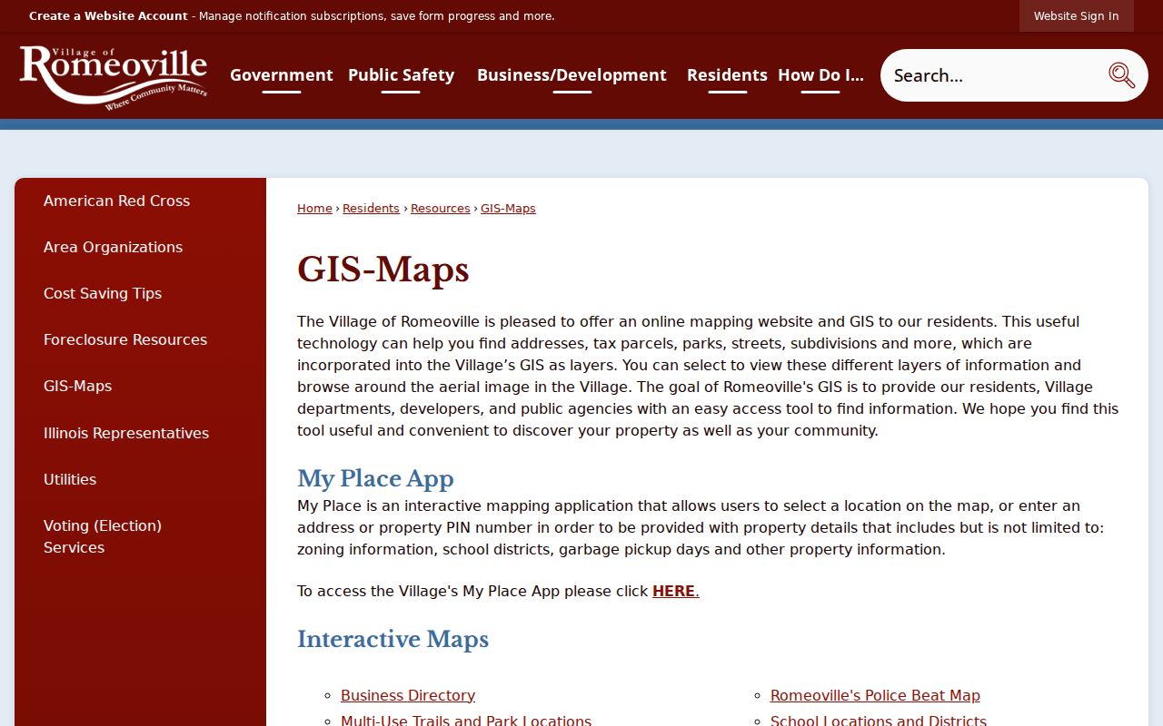Romeoville street directory Village GIS options