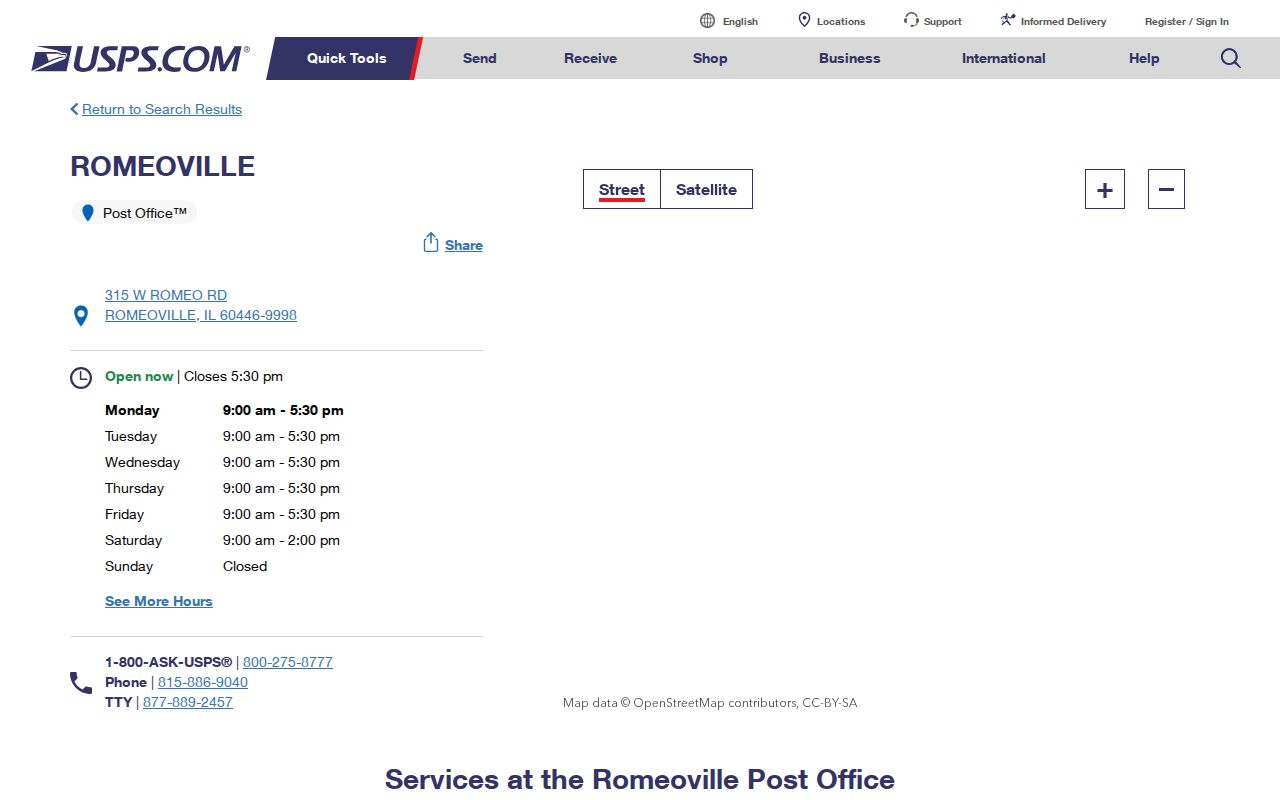 USPS Romeoville Post Office details used for the ZIP code directory